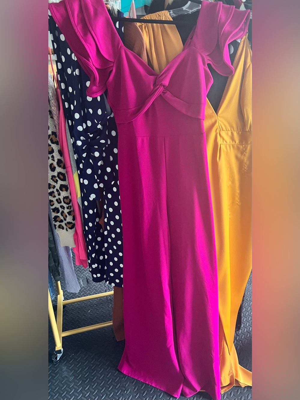 Fuchsia Ruffle-Shoulder Jumpsuit- Women's